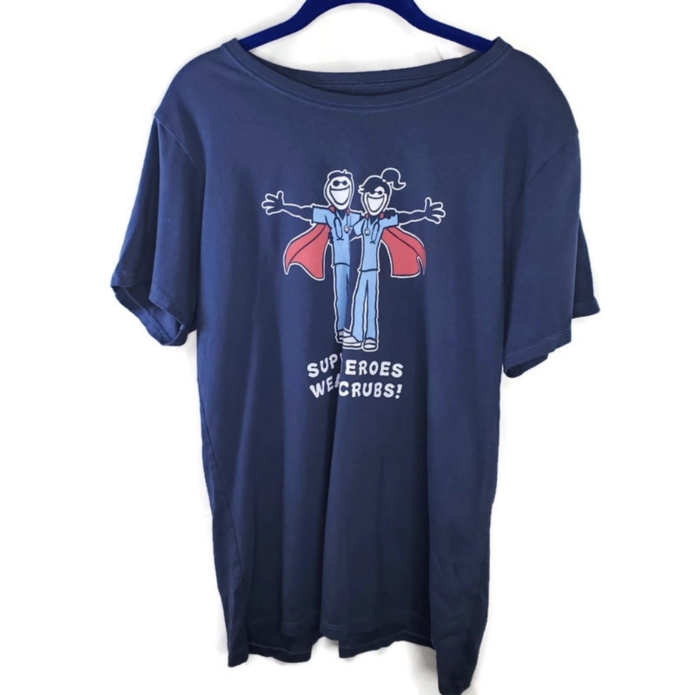 Life is Good Jake & Jackie Super Heroes Wear Scrubs Crusher Blue T-shirt Large